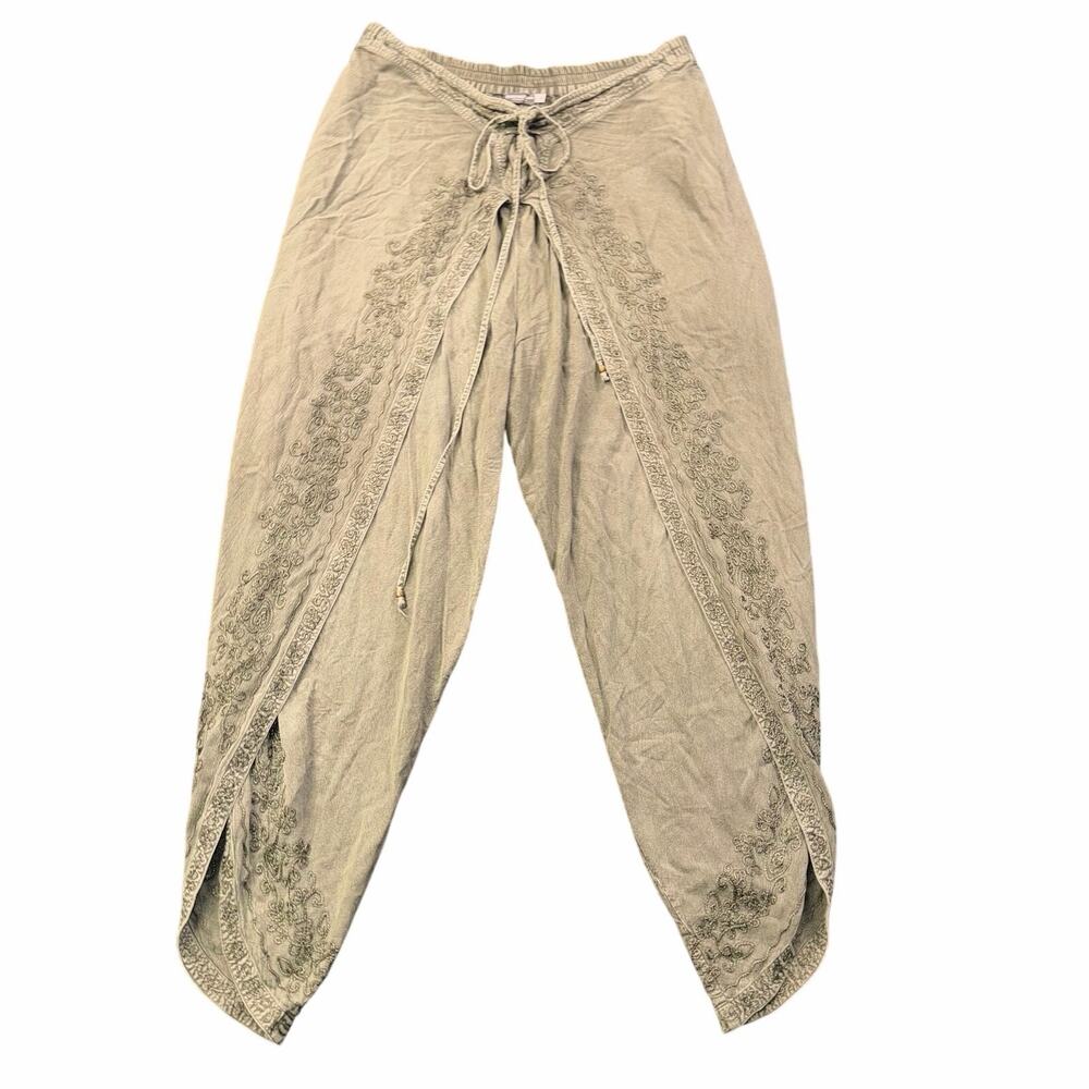Earthbound Trading Co Sage Green Embroidered Tulip Harem Pants Viscose Boho M